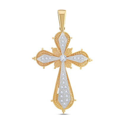 9ct Yellow Gold Patterned & Gem Set Large Cross Pendant