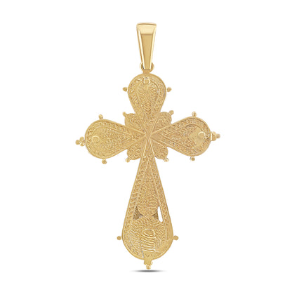 9ct Yellow Gold Patterned & Gem Set Large Cross Pendant