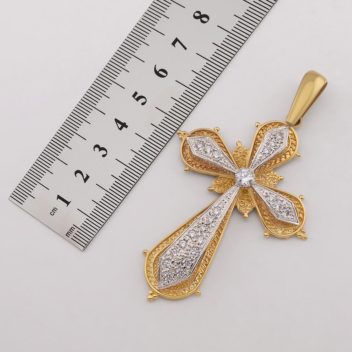 9ct Yellow Gold Patterned & Gem Set Large Cross Pendant