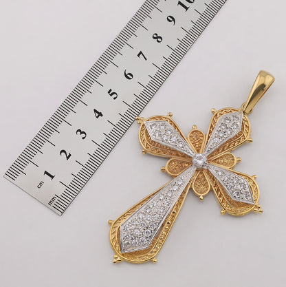 9ct Yellow Gold Patterned & Gem Set Extra Large Cross Pendant
