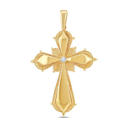 9ct Yellow Gold Polished and Patterned Single Gem Set Extra Large Cross Pendant