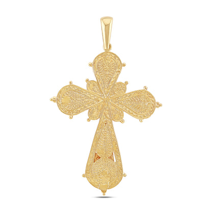 9ct Yellow Gold Polished and Patterned Single Gem Set Extra Large Cross Pendant