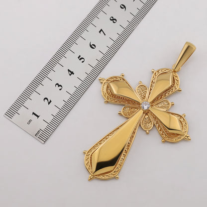 9ct Yellow Gold Polished and Patterned Single Gem Set Extra Large Cross Pendant