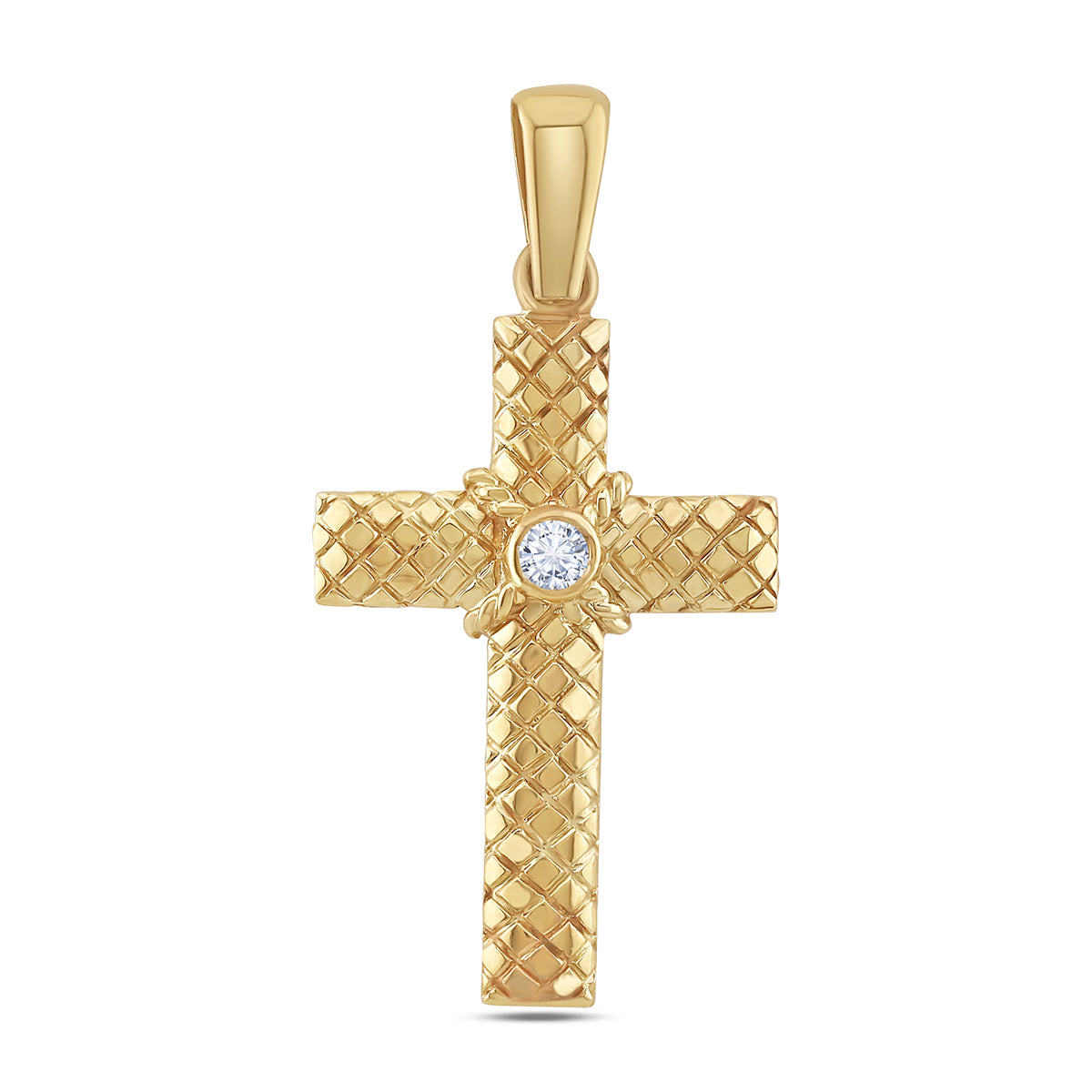 9ct Yellow Gold Checkered Pattern Gem-set Medium Cross Pendant
