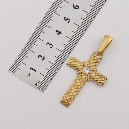 9ct Yellow Gold Checkered Pattern Gem-set Medium Cross Pendant