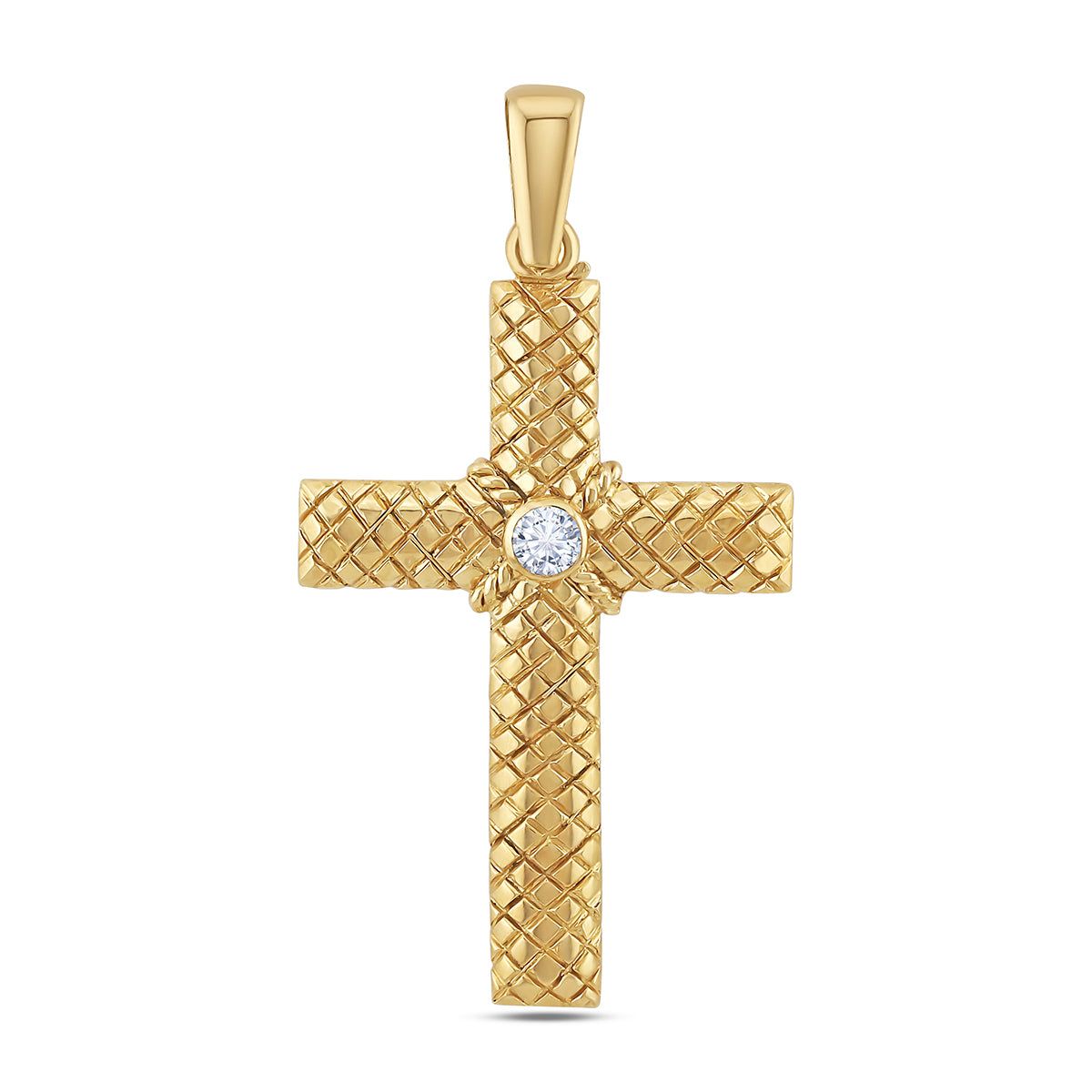 9ct Yellow Gold Checkered Pattern Gem-set Large Cross Pendant