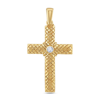 9ct Yellow Gold Checkered Pattern Gem-set Large Cross Pendant