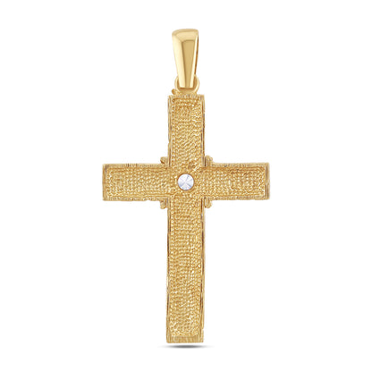 9ct Yellow Gold Checkered Pattern Gem-set Large Cross Pendant