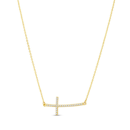 9ct Yellow Gold Curved Gem Set Cross Necklace-16"