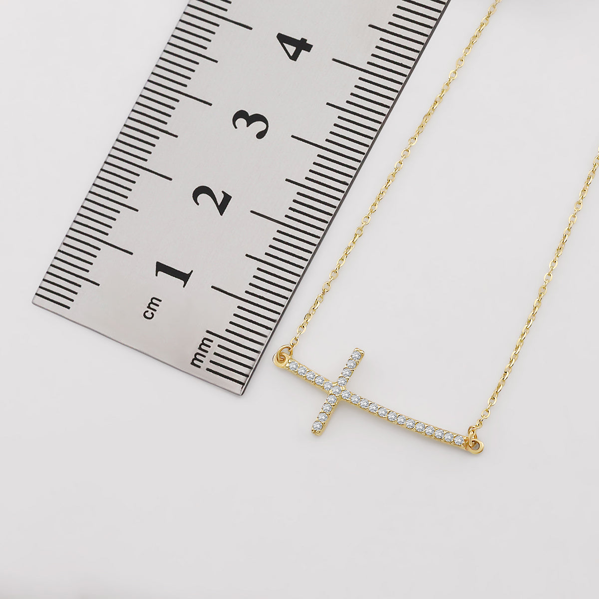 9ct Yellow Gold Curved Gem Set Cross Necklace-16"