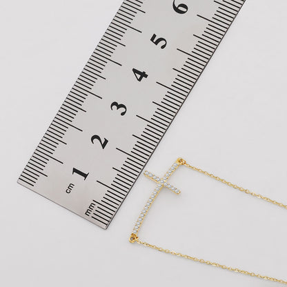 9ct Yellow Gold Curved Gem Set Cross Necklace-16"