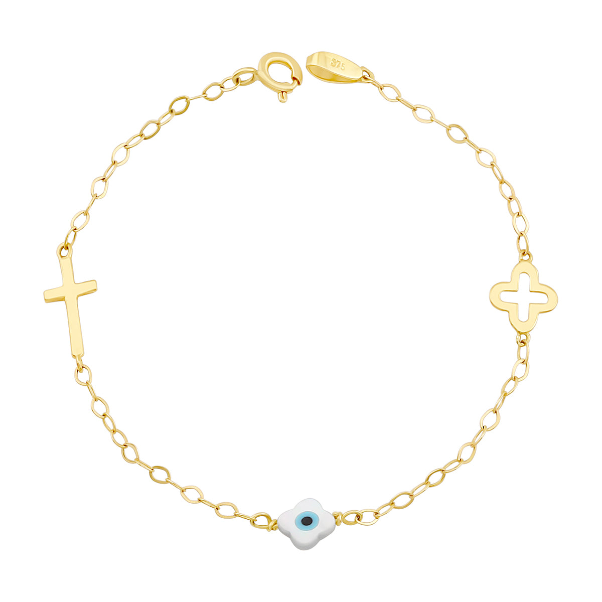 9ct Yellow Gold Cross Clover Evil Eye Bracelet-6"