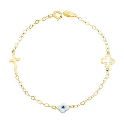 9ct Yellow Gold Cross Clover Evil Eye Bracelet-6"