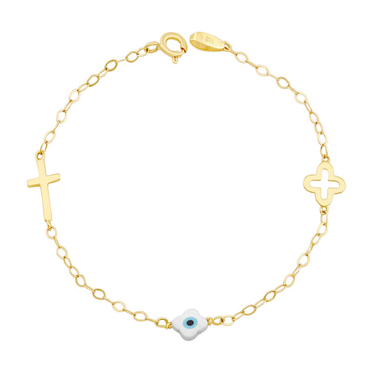 9ct Yellow Gold Cross Clover Evil Eye Bracelet-6"