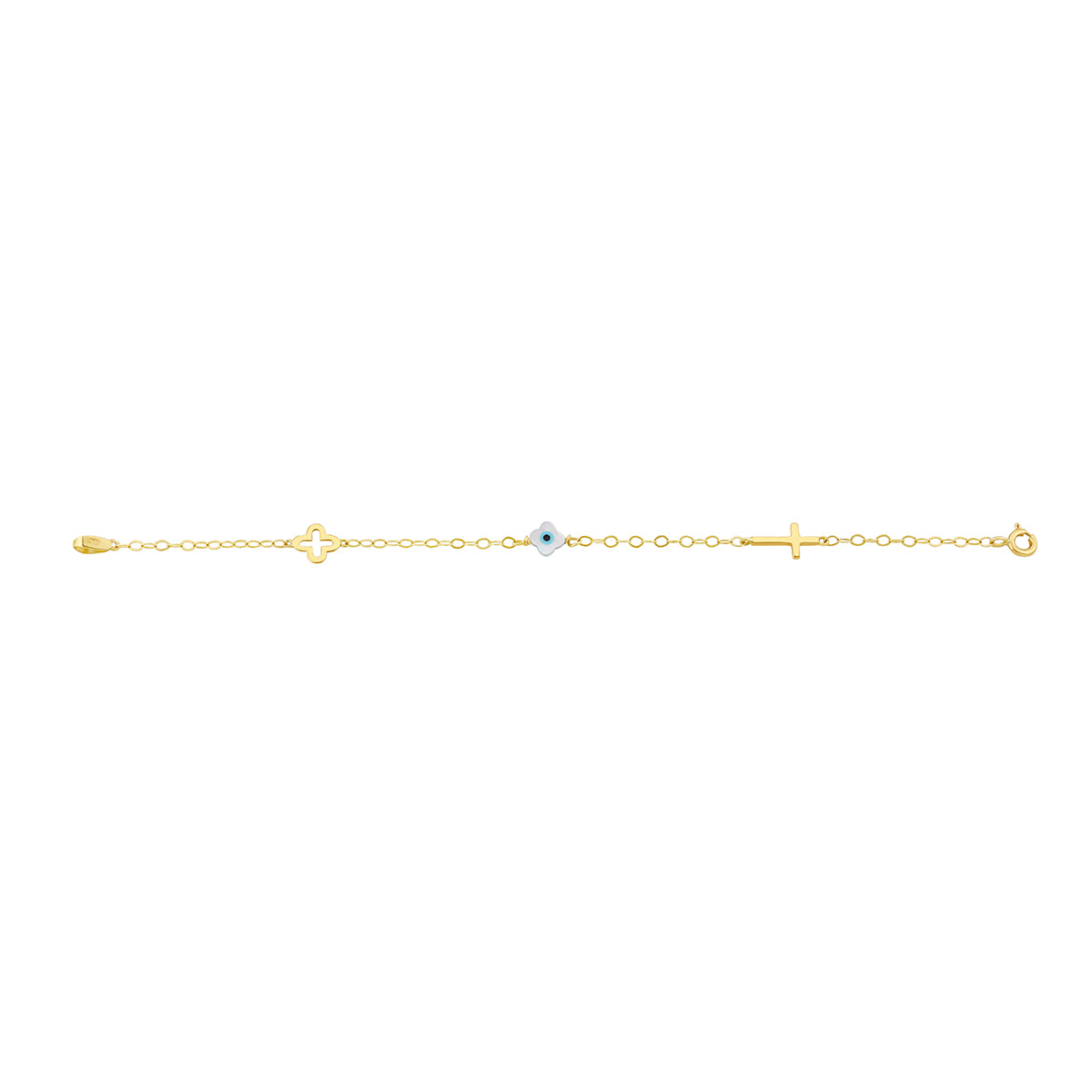 9ct Yellow Gold Cross Clover Evil Eye Bracelet-6"