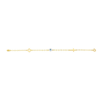 9ct Yellow Gold Cross Clover Evil Eye Bracelet-6"