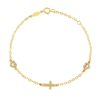 9ct Yellow Gold Gem-Set Heart and Cross Bracelet
