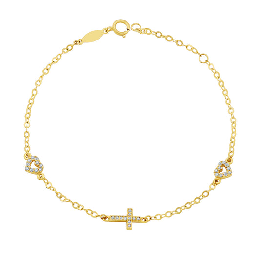 9ct Yellow Gold Gem-Set Heart and Cross Bracelet
