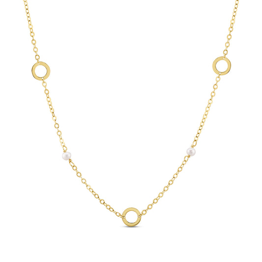 9ct Yellow Gold Circle And Pearl Chain- 16"