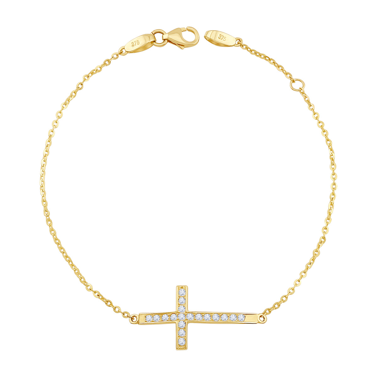 9ct Yellow Gold Curved Gem Set Cross Bracelet -7"