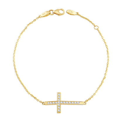 9ct Yellow Gold Curved Gem Set Cross Bracelet -7"