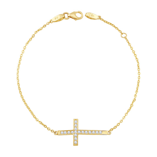 9ct Yellow Gold Curved Gem Set Cross Bracelet -7"