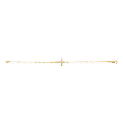 9ct Yellow Gold Curved Gem Set Cross Bracelet -7"