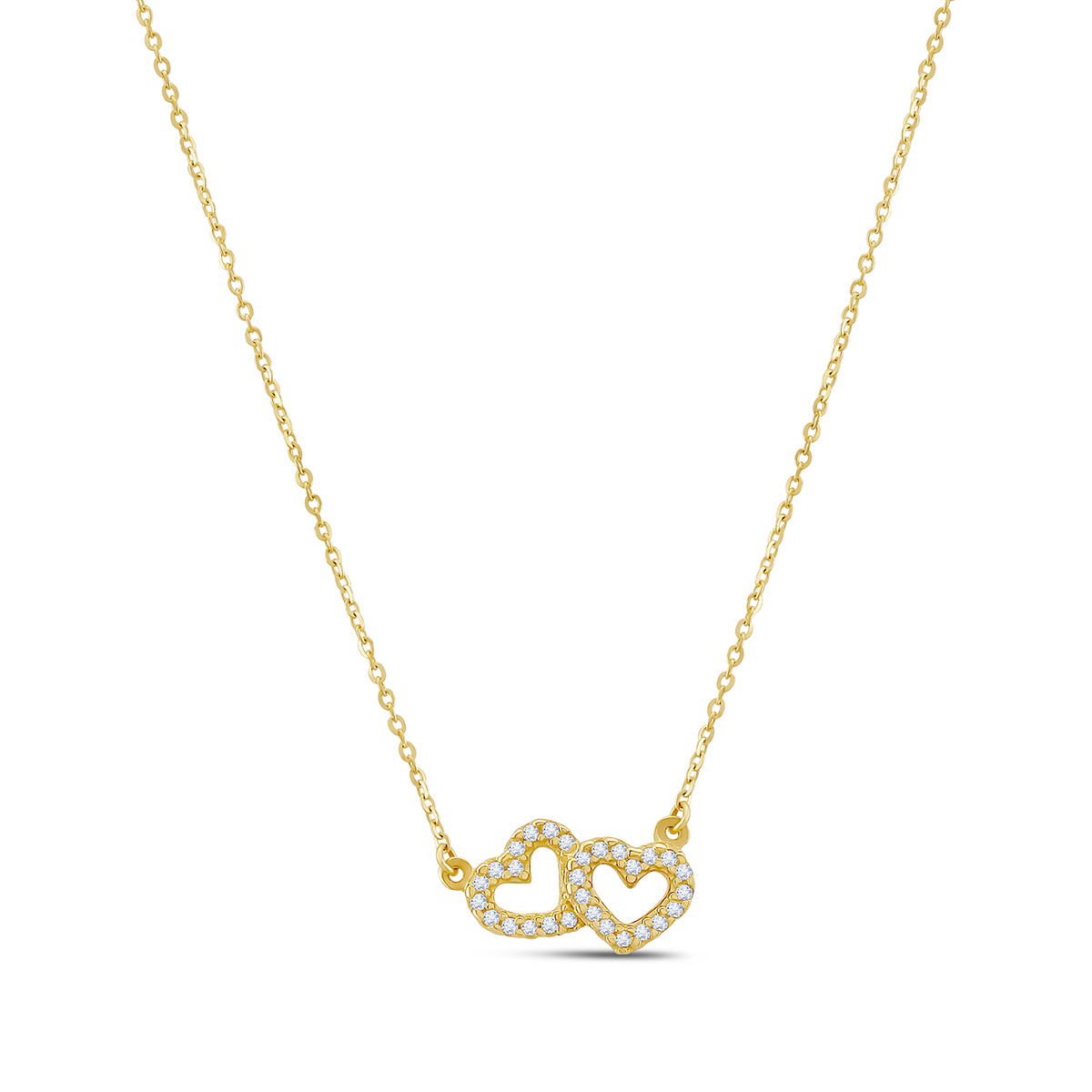 9ct Yellow Gold Double Heart Gem Set Necklace-16"