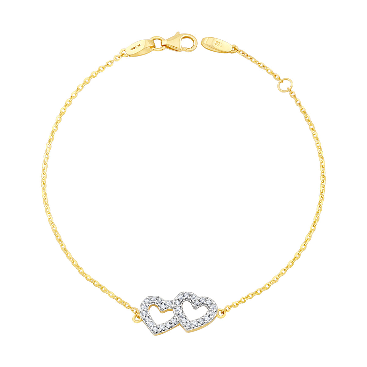 9ct Yellow Gold Double Heart Gem Set Bracelet-7"