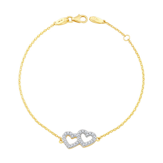 9ct Yellow Gold Double Heart Gem Set Bracelet-7"