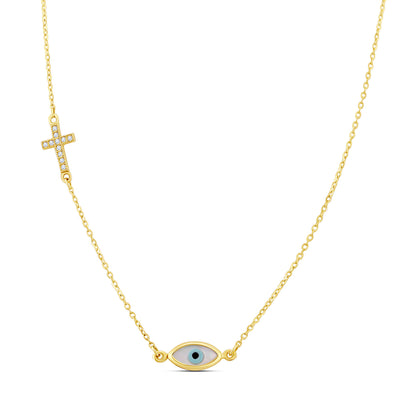 9ct Yellow Gold Gem Set Cross Enamel Evil Eye Necklace-16"