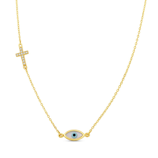 9ct Yellow Gold Gem Set Cross Enamel Evil Eye Necklace-16"