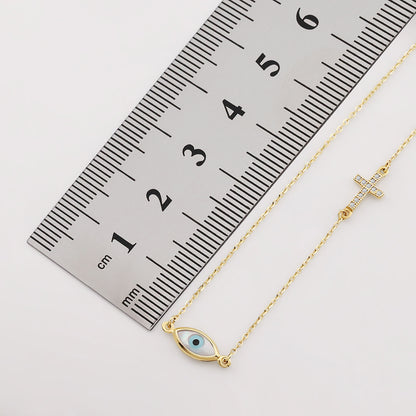9ct Yellow Gold Gem Set Cross Enamel Evil Eye Necklace-16"