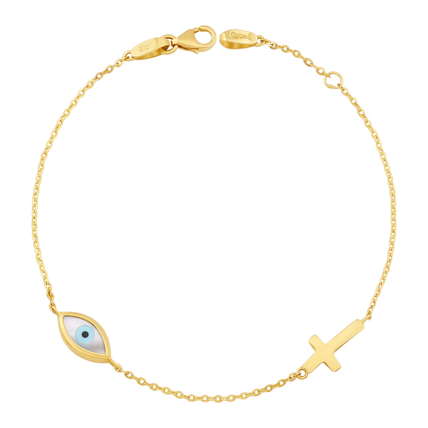 9ct Yellow Gold Enamel Evil Eye Plain Polished Cross Bracelet-7"