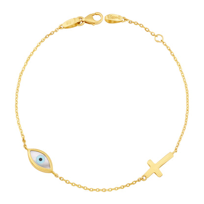 9ct Yellow Gold Enamel Evil Eye Plain Polished Cross Bracelet-7"