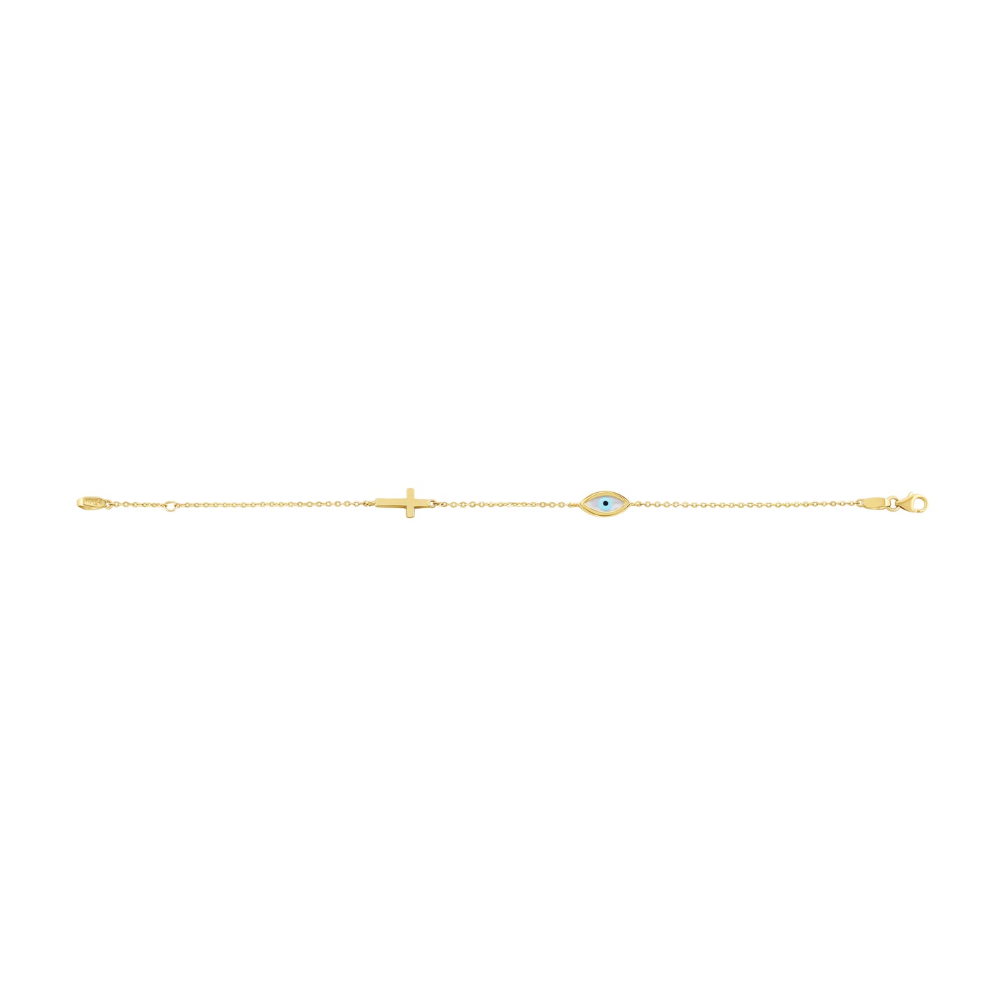 9ct Yellow Gold Enamel Evil Eye Plain Polished Cross Bracelet-7"