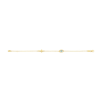 9ct Yellow Gold Enamel Evil Eye Plain Polished Cross Bracelet-7"
