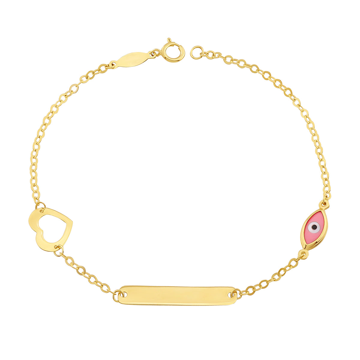 9ct Yellow Gold Pink Evil Eye ID Heart Bracelet