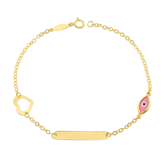 9ct Yellow Gold Pink Evil Eye ID Heart Bracelet