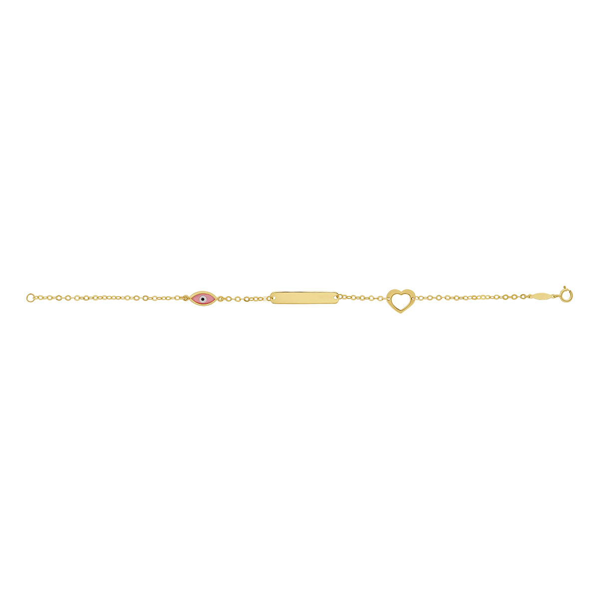 9ct Yellow Gold Pink Evil Eye ID Heart Bracelet