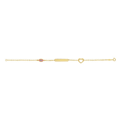 9ct Yellow Gold Pink Evil Eye ID Heart Bracelet