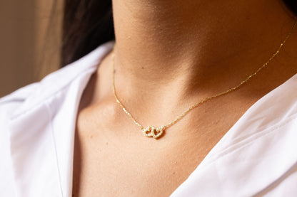9ct Yellow Gold Double Heart Gem Set Necklace-16"