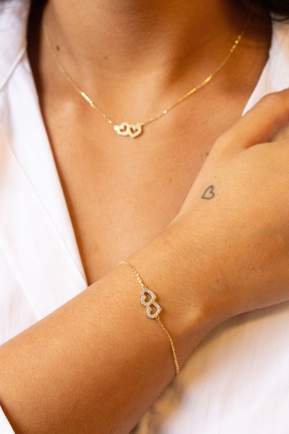 9ct Yellow Gold Double Heart Gem Set Bracelet-7"