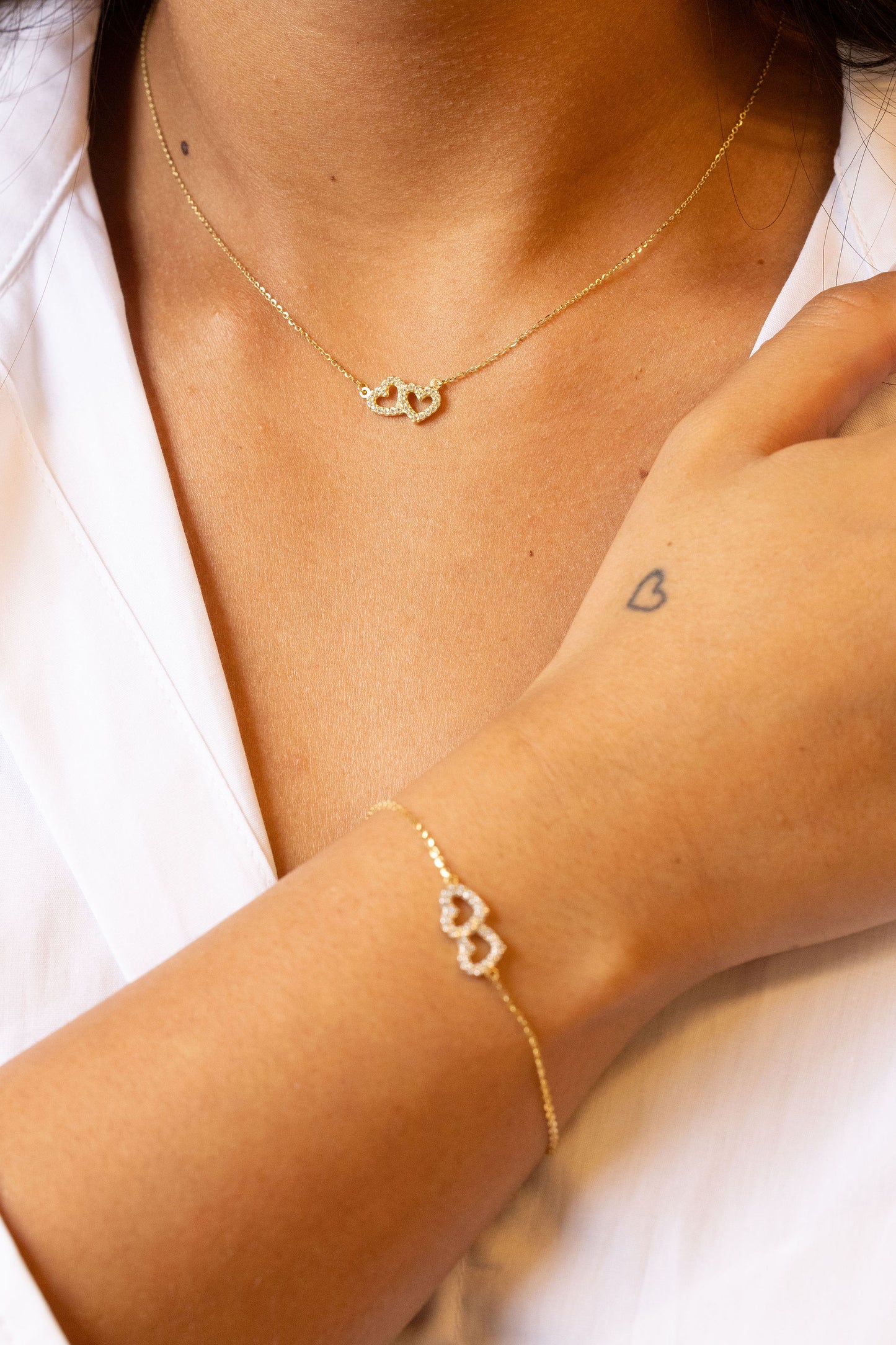 9ct Yellow Gold Double Heart Gem Set Necklace-16"