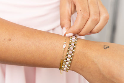 9ct Yellow Gold Rolex Style Pink Gem-Set 11mm Presidential Bracelet