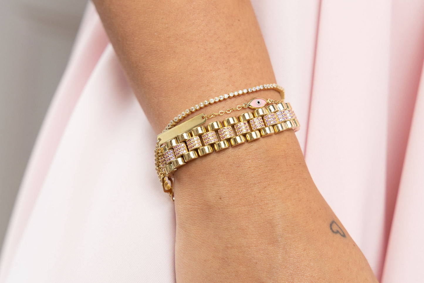 9ct Yellow Gold Rolex Style Pink Gem-Set 11mm Presidential Bracelet