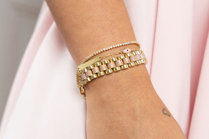9ct Yellow Gold Rolex Style Pink Gem-Set 11mm Presidential Bracelet