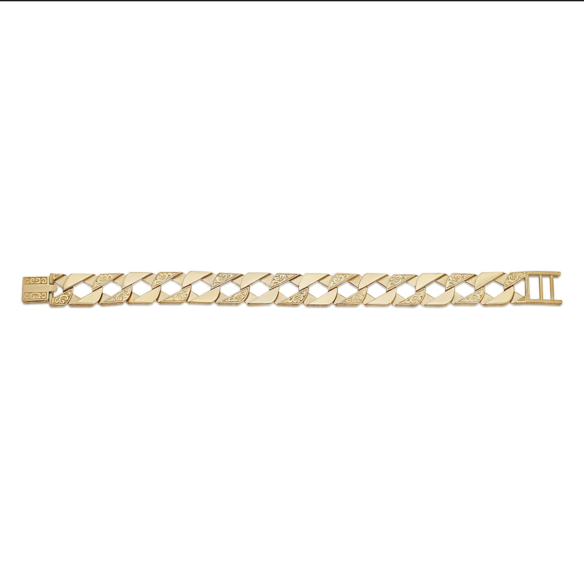 9ct Yellow Gold Scroll Square/Ornate  Curb 13.5mm Bracelet - 8.5"