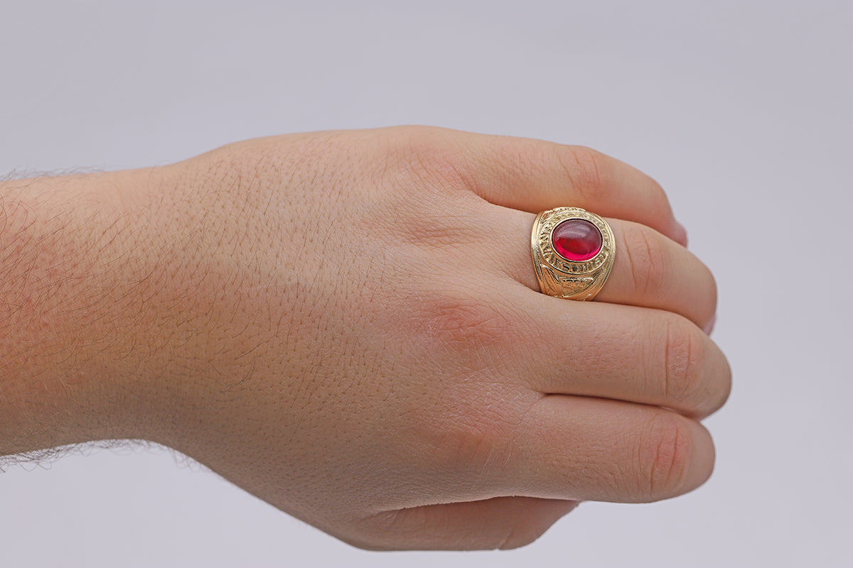 9ct Yellow Gold Small Red Gemstone College Ring