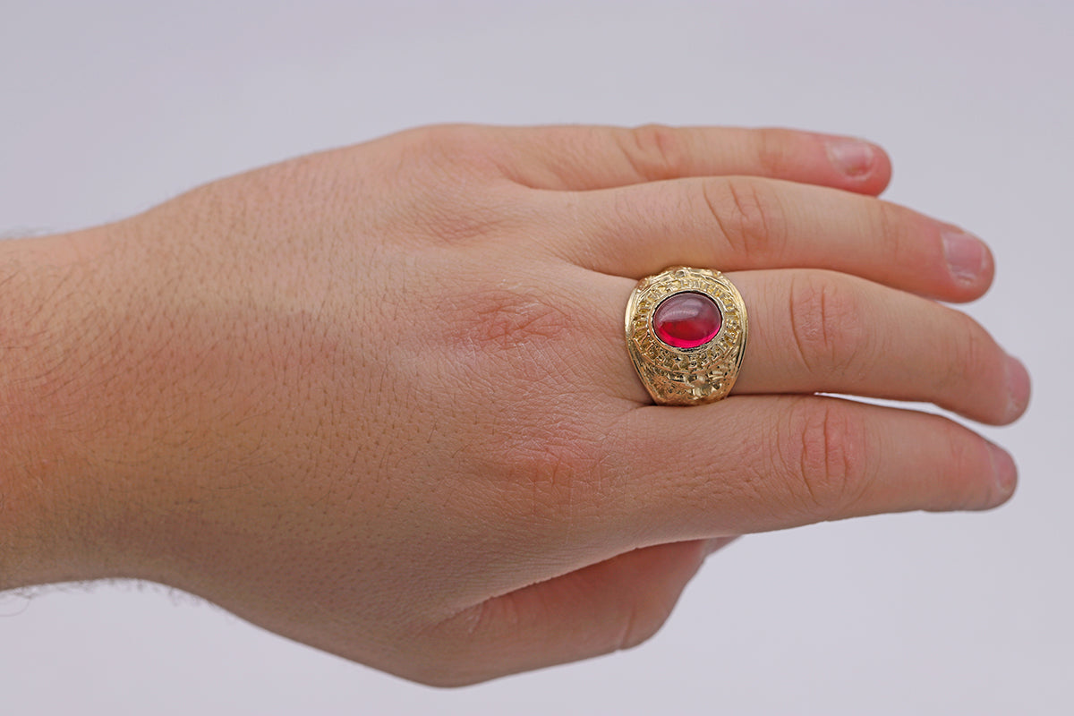 9ct Yellow Gold Large Red Gemstone College Ring